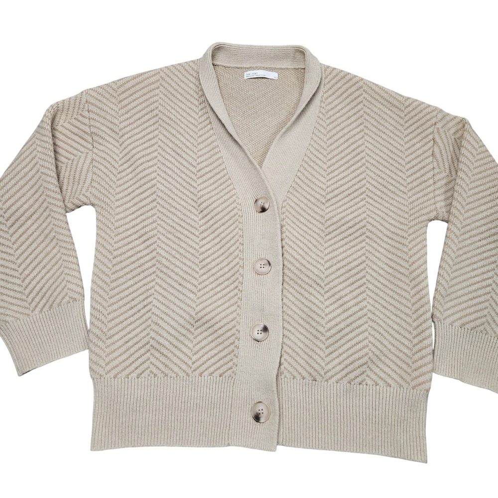 Oak Fort Cardigan Sweater S‎ Beige Chevron Knit Button Front Minimalist Academia